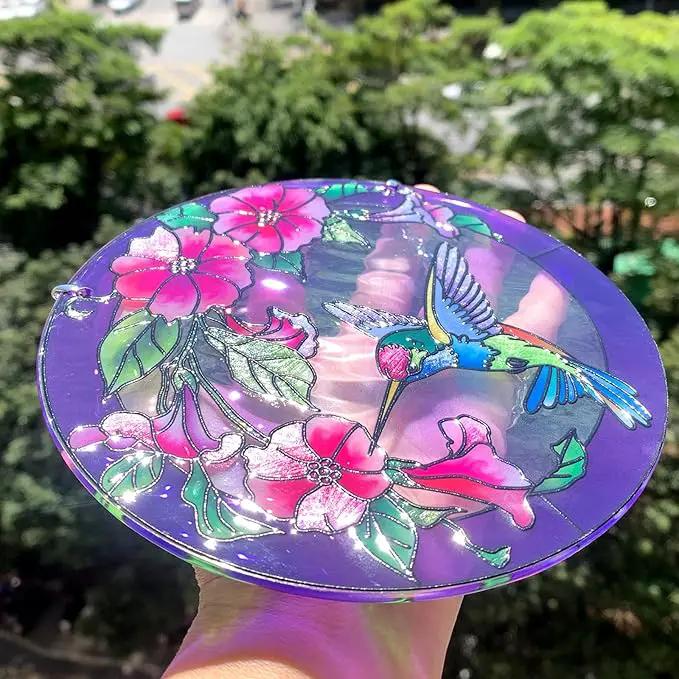 Stained Glass Window Hanging, Hummingbird Gifts for Women, Bird and Flowers Suncatcher for Window, 6" Purple Stained Glass Suncatchers, Hand Painted Glass for Birds Lover (6 inch) by GreenHaven Gardens