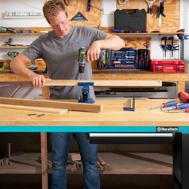DURATECH 72” Adjustable Workbench, Heavy-Duty Rubber Wooden Top Worktable with a Drawer, 6ft Workstation with Power Strip, Peg Board, 2000 LBS Load Capacity for Workshop Garage Office Home by GreenHaven Gardens