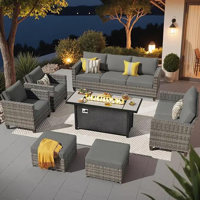 ovios 7 Pieces Patio Furniture Set with 54" Fire Pit Table, Outdoor Wicker Sofa with Comfy Cushions, All Weather High Back Rattan Couch Conversation Set, Dark Grey by GreenHaven Gardens