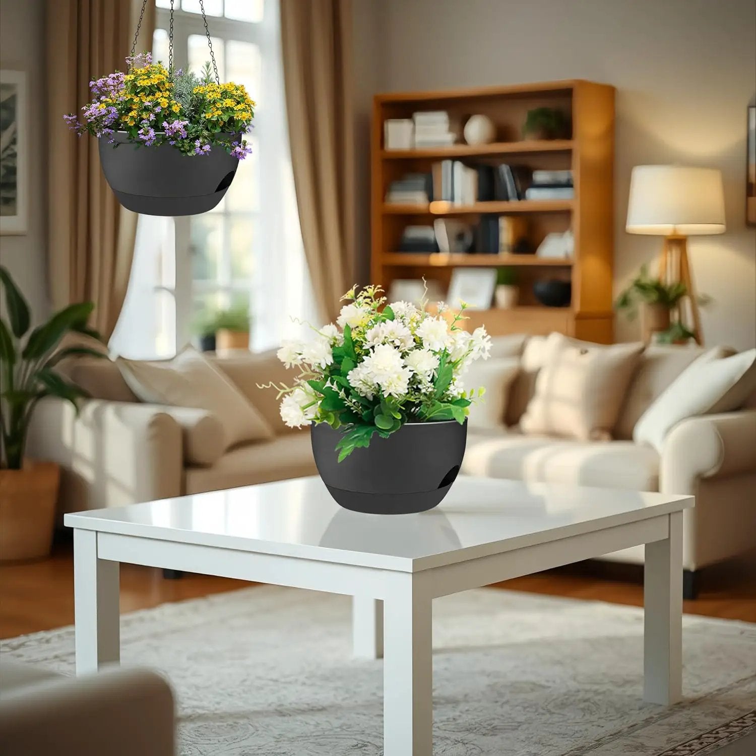 2 Pack 12 Inch Large Hanging Planters with Chains Self Watering Black Plastic Hanging Pots for Indoor Outdoor Plants, Garden Porch Home Decor，Black by GreenHaven Gardens