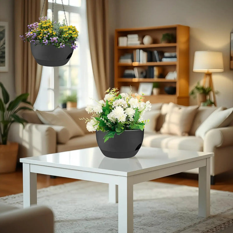 2 Pack 12 Inch Large Hanging Planters with Chains Self Watering Black Plastic Hanging Pots for Indoor Outdoor Plants, Garden Porch Home Decor，Black by GreenHaven Gardens