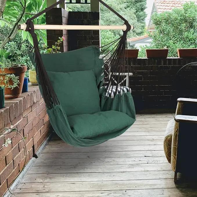 Highwild Hammock Chair Hanging Rope Swing - Max 500 Lbs - 2 Cushions Included - Steel Spreader Bar with Anti-Slip Rings - for Any Indoor or Outdoor Spaces (Green) by GreenHaven Gardens