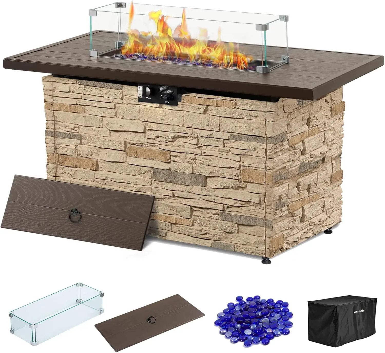 43¡± Propane Fire Pit Table Outdoor Rectangular Stone Firepit Table 50,000 Btu Propane Fire Tables for Outside Patio with Glass Wind Guard, Lid, Fire Glass Beads,Buff Rock Look by GreenHaven Gardens