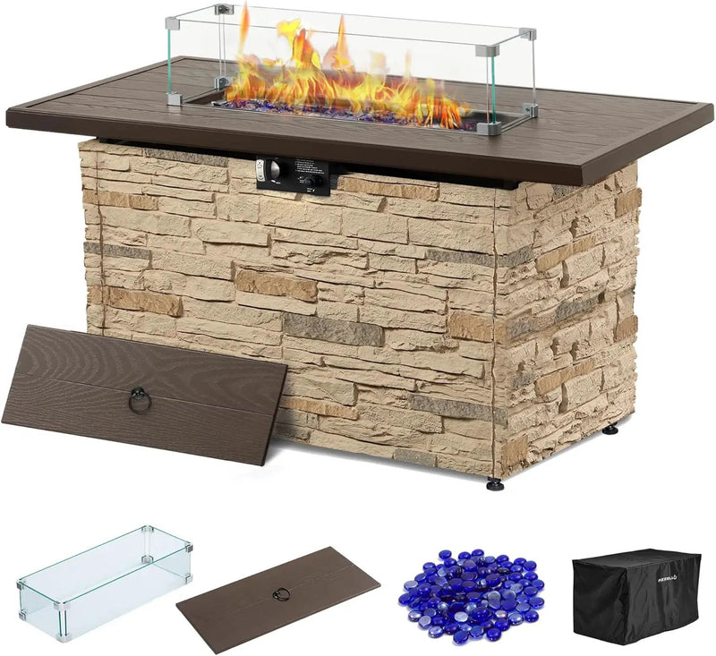 43¡± Propane Fire Pit Table Outdoor Rectangular Stone Firepit Table 50,000 Btu Propane Fire Tables for Outside Patio with Glass Wind Guard, Lid, Fire Glass Beads,Buff Rock Look by GreenHaven Gardens