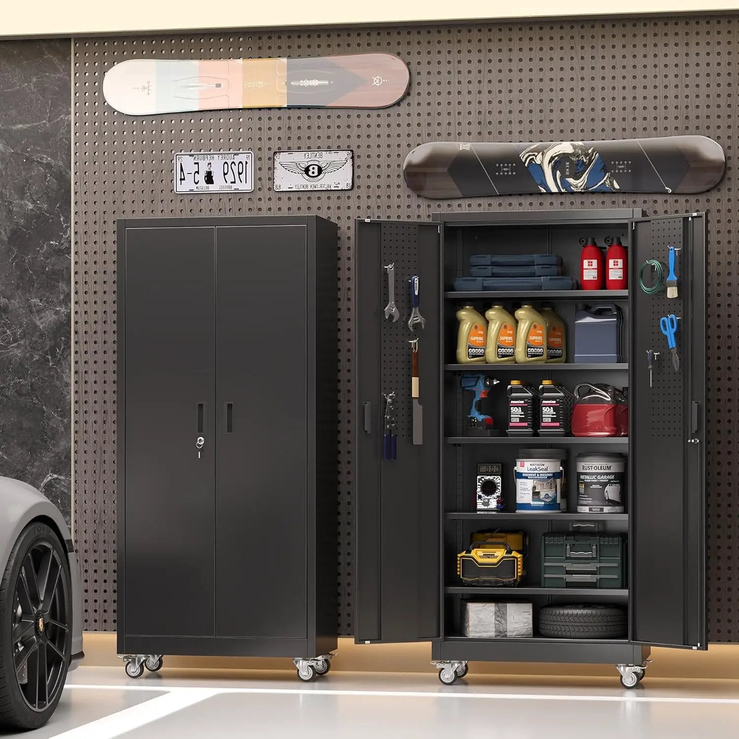 Metal Garage Storage Cabinet with Wheels & Pegboard, Lockable Metal Storage Cabinets with 2 Doors&5 Adjustable Shelves for Garage&Home,Assembly Required,Black 71''H x32''W x16''D by GreenHaven Gardens