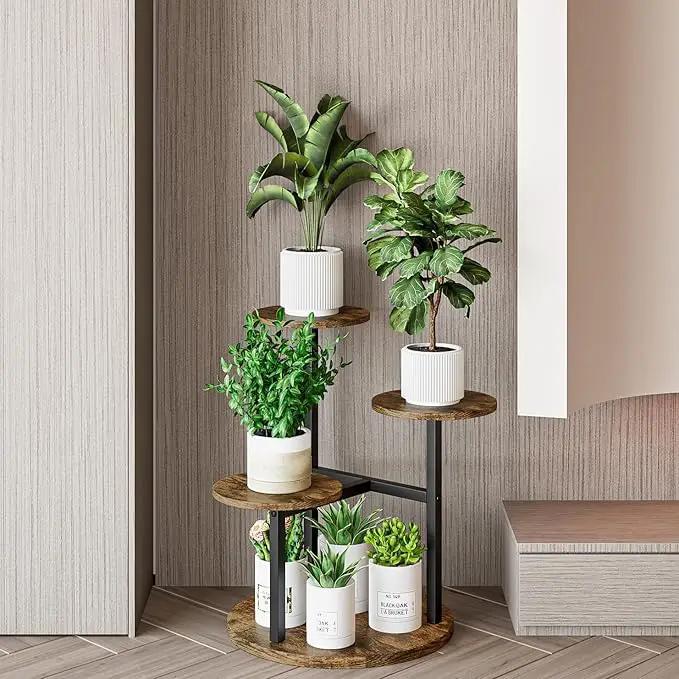 Plant Stand Indoor 4 Tier 5 Potted Multiple Flower Pot Holder for Patio Garden Balcony Living Room Corner (4 Tier Black+Rustic Brown) by GreenHaven Gardens