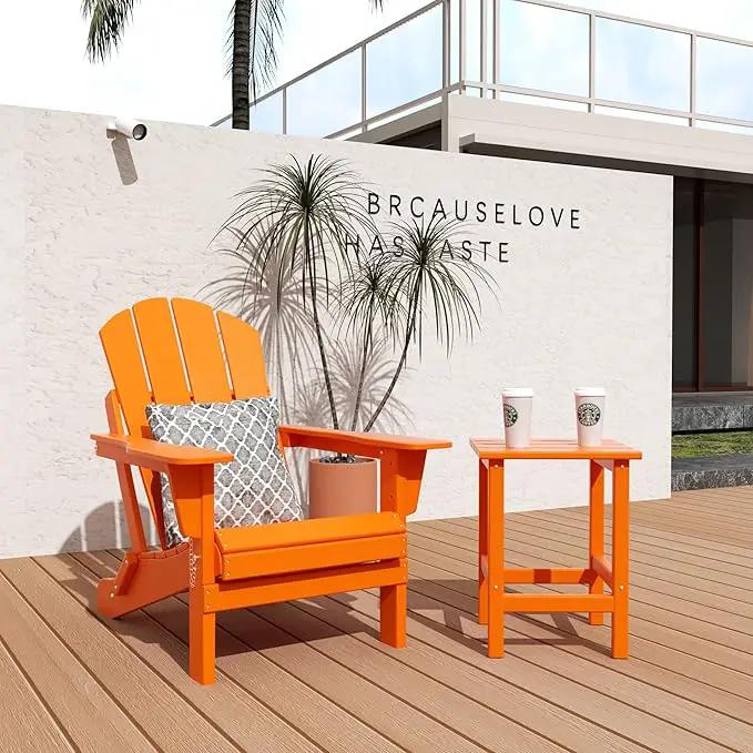 WO Home Furniture Adirondack Chair Table Set of 2 PCS Outdoor Folding Chair w Side Table Weather/UV Resistant for Lawn, Garden, Bon Fire, Balcony (Orange) by GreenHaven Gardens