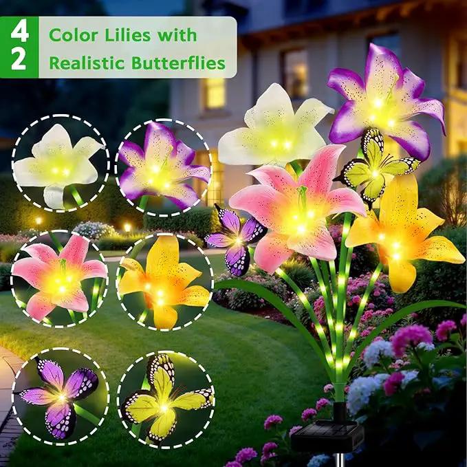 Solar Garden Lights 4 Pack 16 Lily Flowers with Butterfly Decor, Waterproof Solar Flower Lights for Outdoor - Upgraded Decorative Lilies for Yard, Patio, Pathway Decorations & Gardening Gifts by GreenHaven Gardens