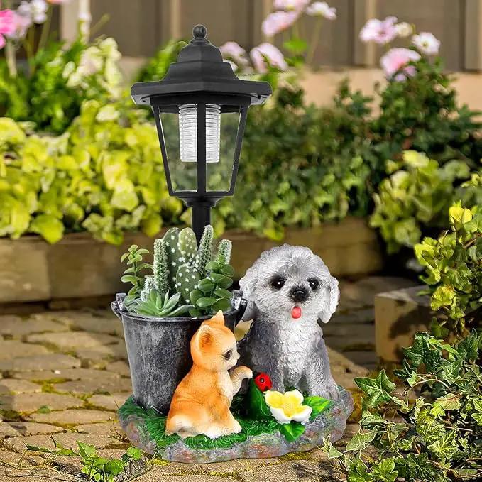 Garden Dog Statue,Resin Teddy & Cat Figurine with Solar LED Light,Flower Pots Planters Pots for Succulent,Outdoor Sculpture for Patio Balcony Yard Lawn Decor,Unique Gift for Dad Mom Grandma by GreenHaven Gardens