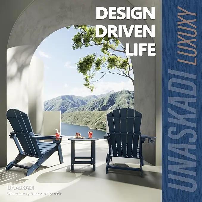 Folding Adirondack Chair Set of 2 with Cup Holder, HDPE All Weather Resistant Plastic Outdoor Patio Chairs, Heavy Duty Fire Pit Seating for Backyard Lawn Garden, Wooden Textured Design(Navy Blue) by GreenHaven Gardens