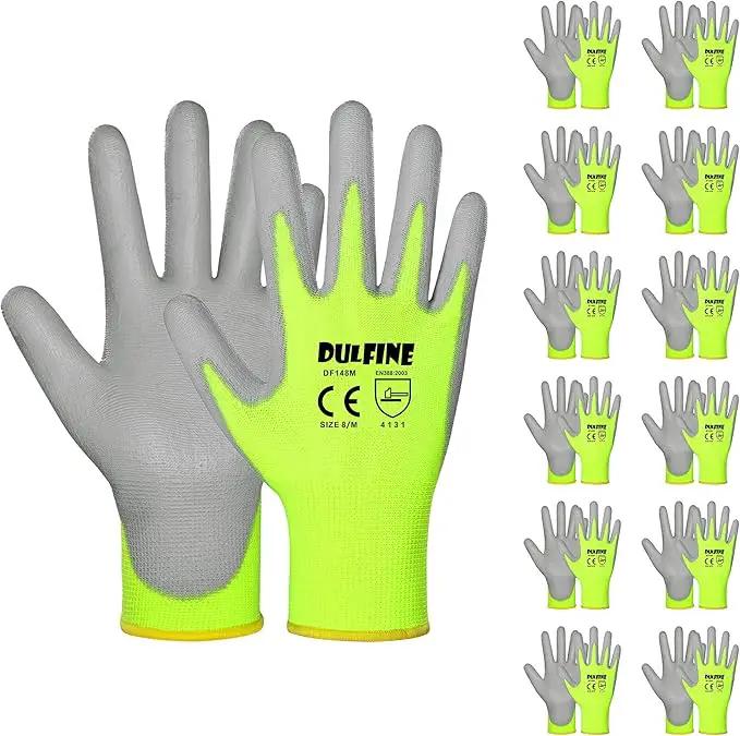 DULFINE Safety Work Gloves for Men PU Coated 12 Pairs Bulk Pack,Hi-Vis Yellow Seamless Knit Glove with thin Polyurethane Coated Smooth Grip on Palm & Fingers,Ideal for General Duty Work (Extra Large) by GreenHaven Gardens