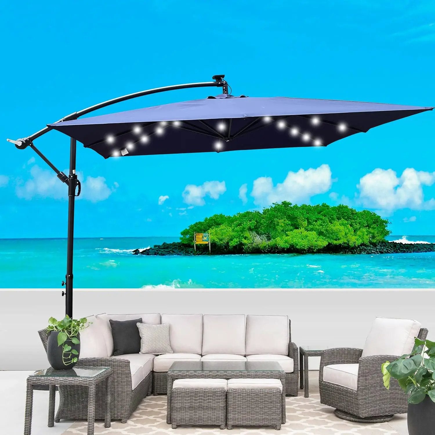 8x8FT Patio Umbrella, Outdoor Offset Umbrella with Cross Base and Crank, Square Cantilever Umbrella with Solar Lights, Hanging Market Umbrella with 8 Rids for Pool, Deck, Backyard (Navy Blue) by GreenHaven Gardens