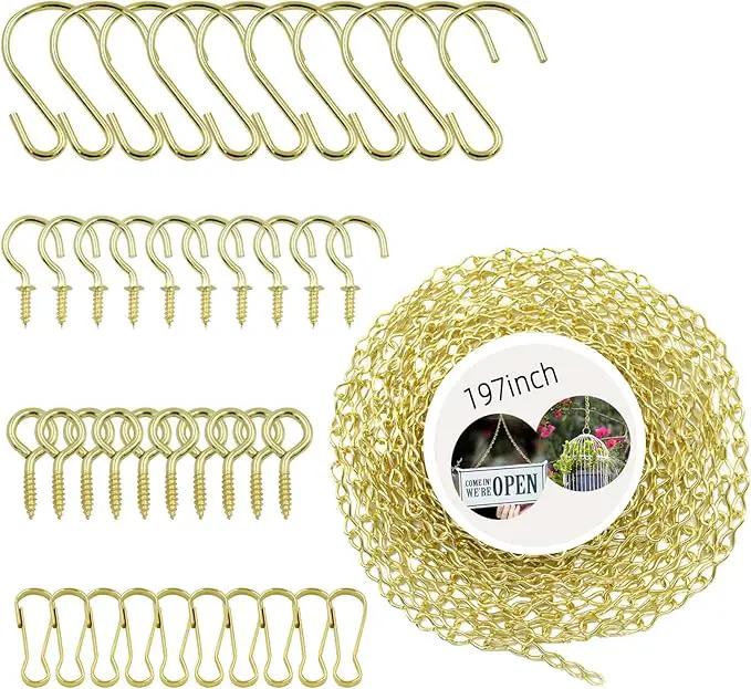 197 Inch Gold Hanging Baskets - Adjustable Length, Brass Decorative Metal Chain with A Great Assortment of Hooks for Hanging Bird Feeders Planters Baskets Billboards Ornaments, Chain Hooks DIY by GreenHaven Gardens