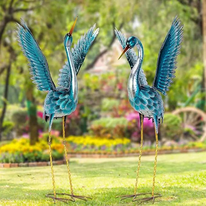 Natelf Garden Crane Statues for Outdoor, Blue Heron Decoy Courtyard Sculptures, Standing Metal Bird Yard Art for Patio Pond Backyard Decor(Set of 2) by GreenHaven Gardens