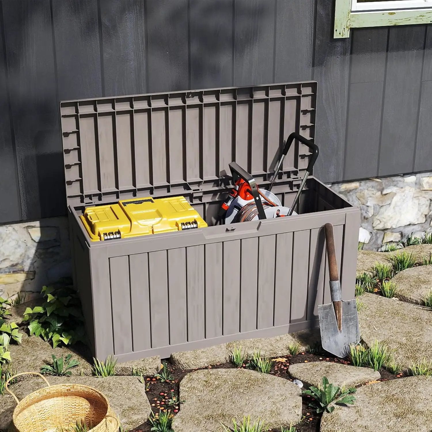 80 Gallon Coffee Resin Deck Box - Rustic Outdoor Storage for Garden Tools, Patio Essentials & Package Delivery - Weatherproof, Lockable for Farmhouse Decks by GreenHaven Gardens
