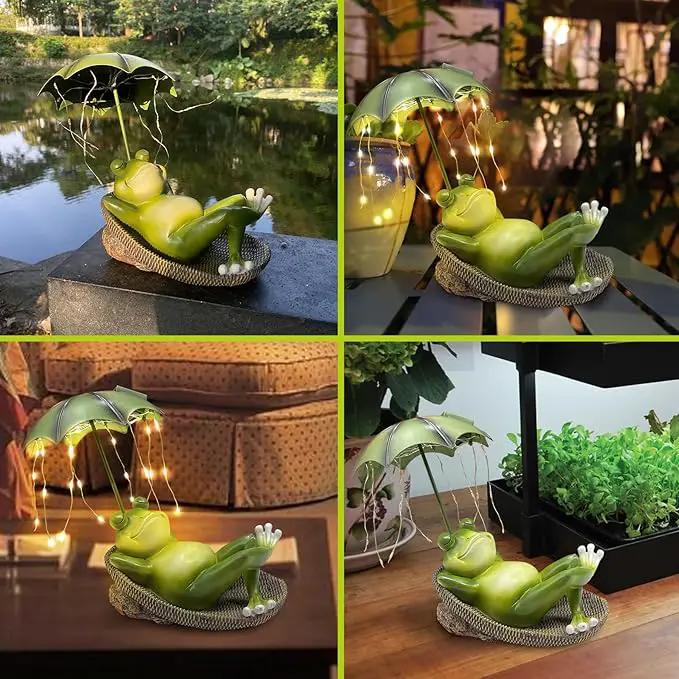 Frogs Garden Outdoor Decor Statue - Solar Frog Umbrella Pond Statues LED Waterproof, Resin Cute Animal Sculpture Lights, Ideal Ornament for Yard Lawn Patio, Women/Gardening Decoration Gifts by GreenHaven Gardens