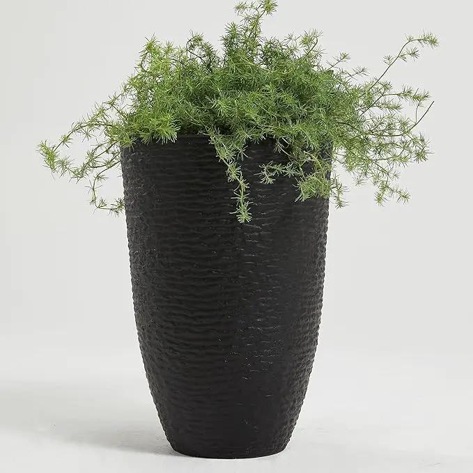Worth Garden 21" H Tall Planters 2 Pack - 14'' Dia Resin Large Round Black Flower Pots for Outdoor Plants Trees - Imitation Stone Finish Plastic Indoor Front Porch 9 Gallon Decorative Container Patio by GreenHaven Gardens