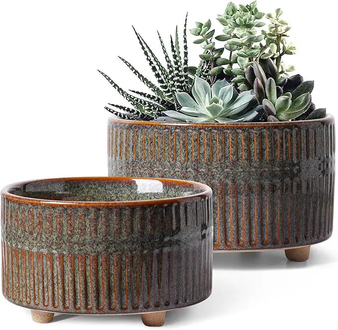 LE TAUCI Succulent Pots, 6.5+8 Inch Ceramic Indoor Plant Pot with Drainage Hole, Modern Round Decorative Flower Pot, Set of 2, Reactive Glaze Black by GreenHaven Gardens