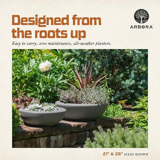 ARBORA 21" and 26” Santorini Bowls with Stone Blend Concrete Gray Finish - Polyresin Indoor and Outdoor Planters, Durable, Weatherproof, Lightweight, Large Plant Pots for Patio, Garden, Deck by GreenHaven Gardens