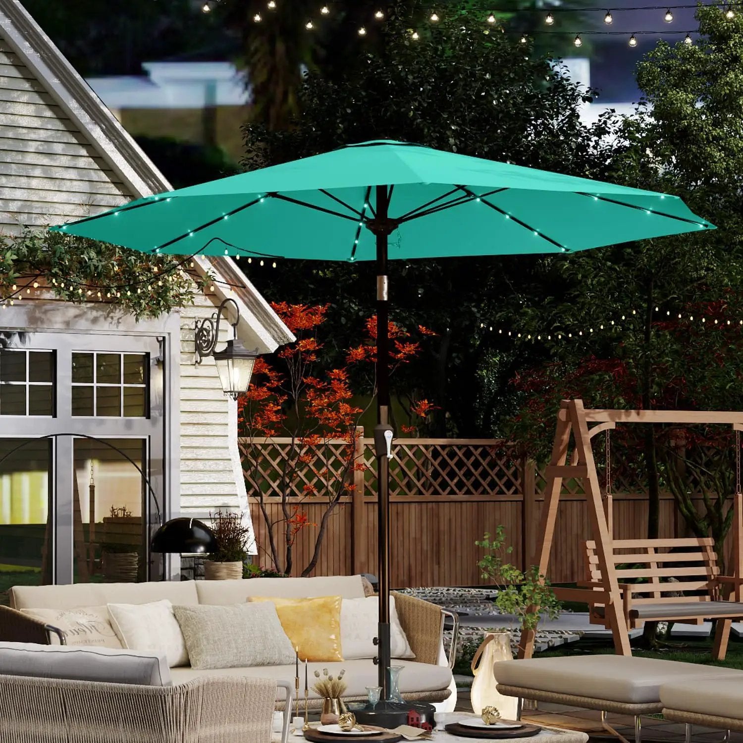 10FT Solar Umbrella 32 LED Lighted Patio Umbrella Table Market Umbrella w/Tilt and Crank, UV-Resistant Outdoor Umbrella for Pool, Garden, Deck, Turquoise Blue by GreenHaven Gardens