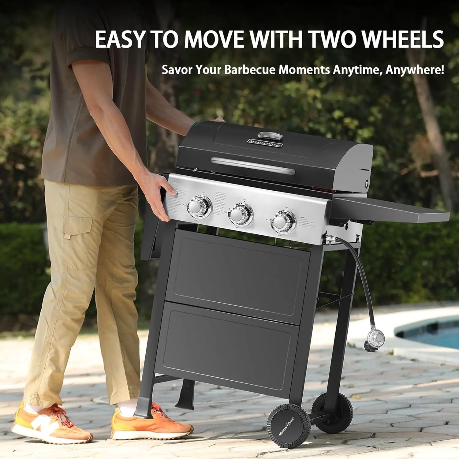 MASTER COOK 3 Burner BBQ Propane Gas Grill, Stainless Steel 30,000 BTU Patio Garden Barbecue Grill with Two Foldable Shelves by GreenHaven Gardens