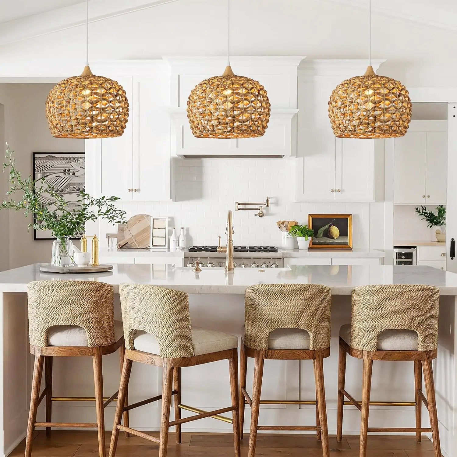 Boho Pendant Lights, 15.7" 1-Light Rattan Chandelier Hand-Woven Wicker Pendant Light with Water Hyacinth Shade, Coastal Dome Hanging Light for Dining Room Kitchen Island by GreenHaven Gardens