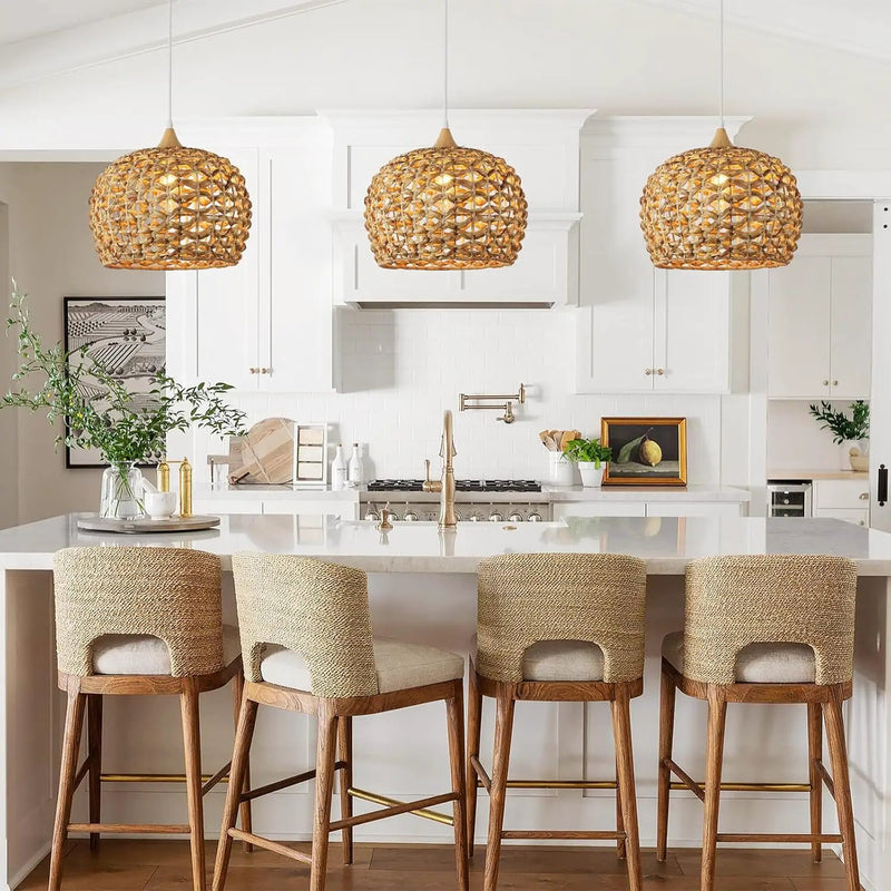 Boho Pendant Lights, 15.7" 1-Light Rattan Chandelier Hand-Woven Wicker Pendant Light with Water Hyacinth Shade, Coastal Dome Hanging Light for Dining Room Kitchen Island by GreenHaven Gardens