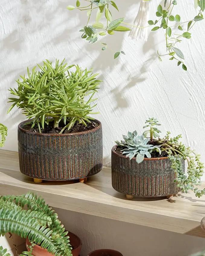 LE TAUCI Succulent Pots, 6.5+8 Inch Ceramic Indoor Plant Pot with Drainage Hole, Modern Round Decorative Flower Pot, Set of 2, Reactive Glaze Black by GreenHaven Gardens