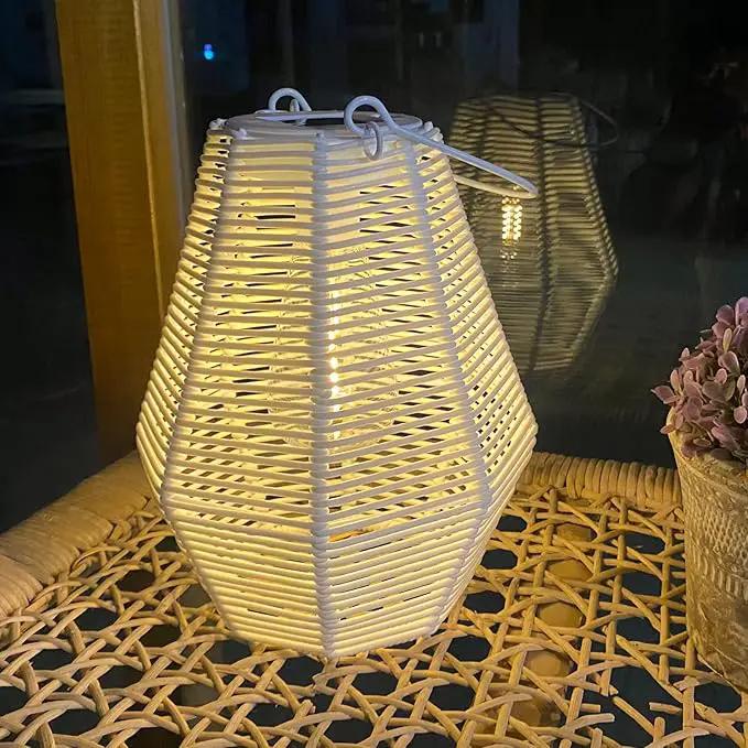Outdoor Solar Lantern Hanging Decorative Rattan Lanterns with Handle White Large Solar Table Lamp Waterproof for Patio Garden Wedding Home Decor by GreenHaven Gardens