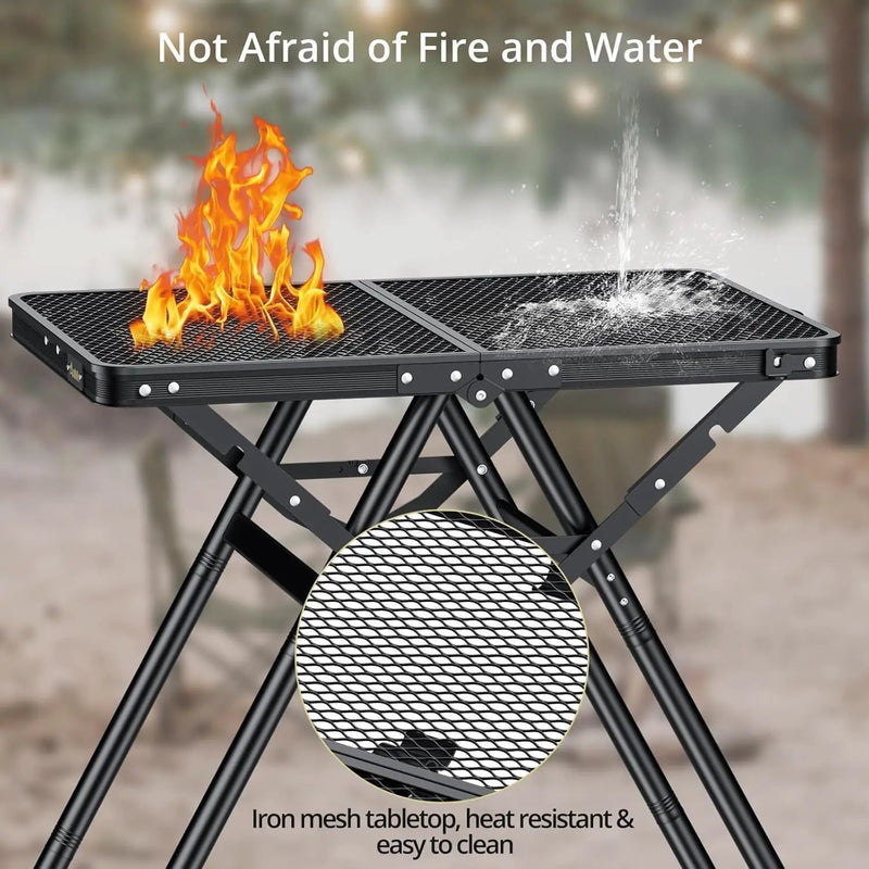 2ft Sturdy Folding Grill Table, Supports 180 Lbs, 2 Adjustable Height 28” Portable Grill Table, Heat-Resistant Tabletop, Folding Metal Table for Camping BBQ Cooking Backyard, 24" X 16", Black by GreenHaven Gardens
