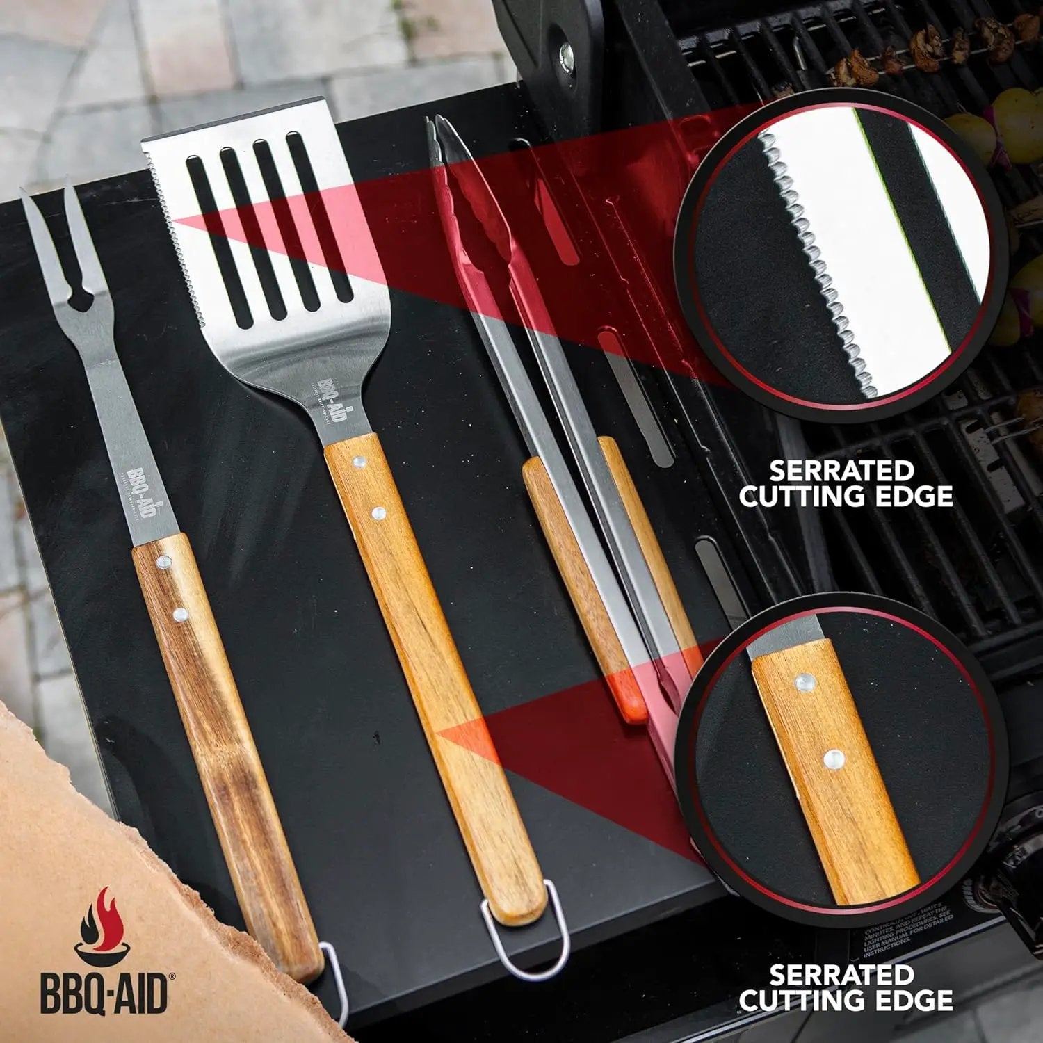 3 Piece BBQ Grilling Accessories Set - BBQ Tongs Spatula Fork Set - Heavy Duty Stainless Steel Barbecue Grill Tools with Solid Hard Wood Handles Great Gift Set by GreenHaven Gardens