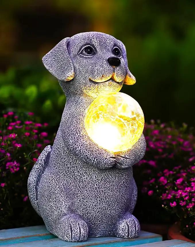 Solar Dog Garden Statues - 8.4 "Dog Decor with Gazing Ball Solar LED Lights, Unique Gifts for Mom Grandma Birthdays, Outdoor Decor for Outside Lawn Porch Patio (Gray) by GreenHaven Gardens