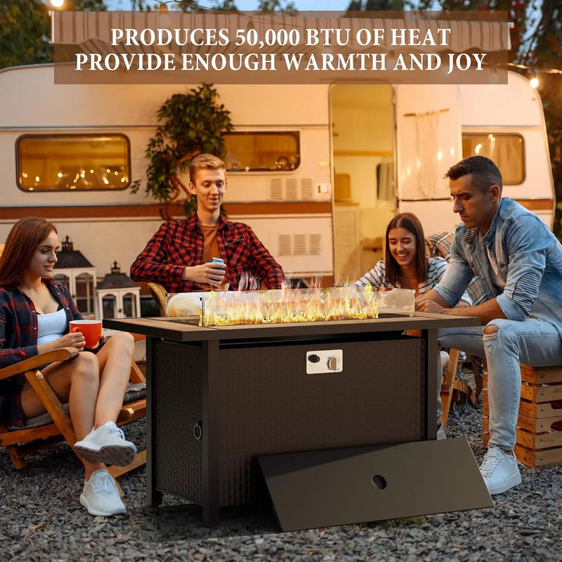 45 inch Outdoor Propane Fire Pit 50,000 BTU Gas Fire Pit Table with Walnut Tabletop, Glass Wind Guard, Waterproof Cover, Rectangle Gas Firepit Table for Garden/Patio,CSA Certification by GreenHaven Gardens