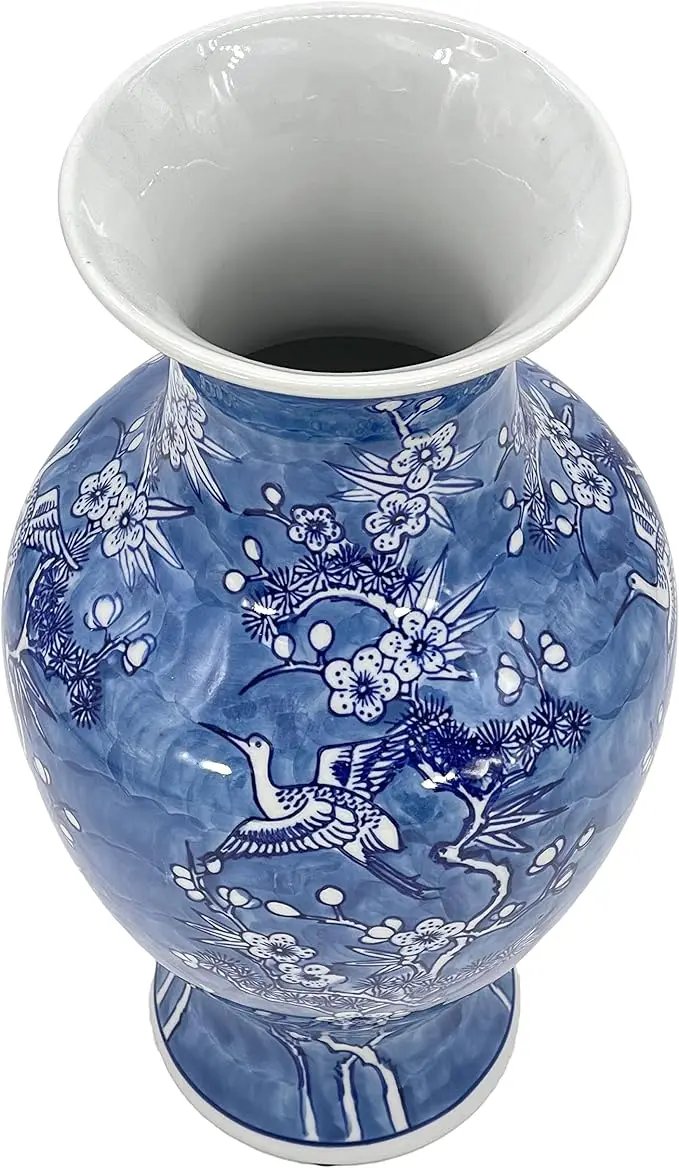 Galt International White & Blue Floral Crane Chinoiserie Ceramic Vase 14" - Hand Painted Antique Style Porcelain Bird & Flower Bottle Fishtail Porcelain Chinese Vase for Home Decor Centerpiece by GreenHaven Gardens