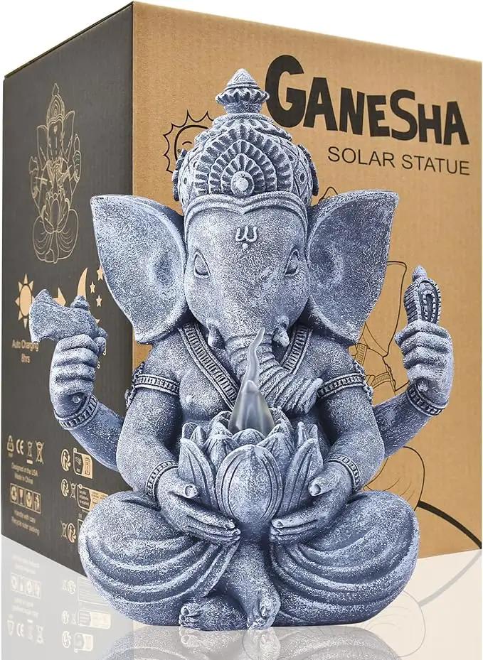 Goodeco Ganesha Statue with Solar Lotus - Hindu Elephant Statue Ganpati Idol Buddha Sculptures, Meditation Yoga Room & Garden Decor, 7.8 inches Tall (Ganesha) by GreenHaven Gardens