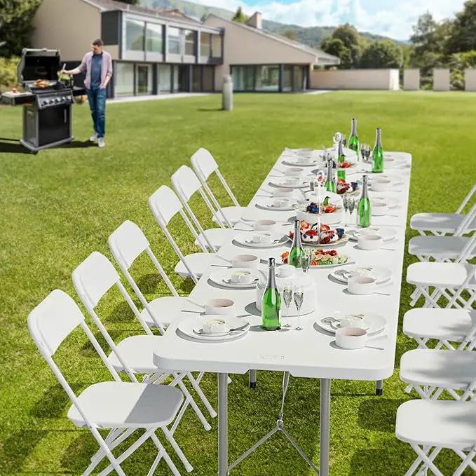 VINGLI 8 Foot Plastic Folding Table Portable Long Table for Indoor Outdoor Use Rectangular with Carrying Handle，White by GreenHaven Gardens
