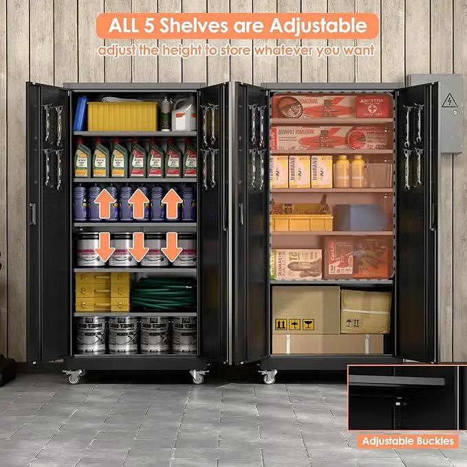 71" H×32" W×16" D Garage Storage Cabinet with Wheels, Locking Metal Storage Cabinet with 5 Adjustable Shelves, 4 Hooks and Pegboard for Garage, Home Office, Kitchen, Black, Assembly Required by GreenHaven Gardens