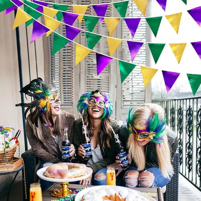 Mardi Gras Party Decorations Purple Green and Gold Metallic Fabric Triangle Pennant Banner Flag Hanging Bunting Garland for Birthday Wedding Baby Shower Bridal Shower Holiday Masquerade Party Supplies by GreenHaven Gardens