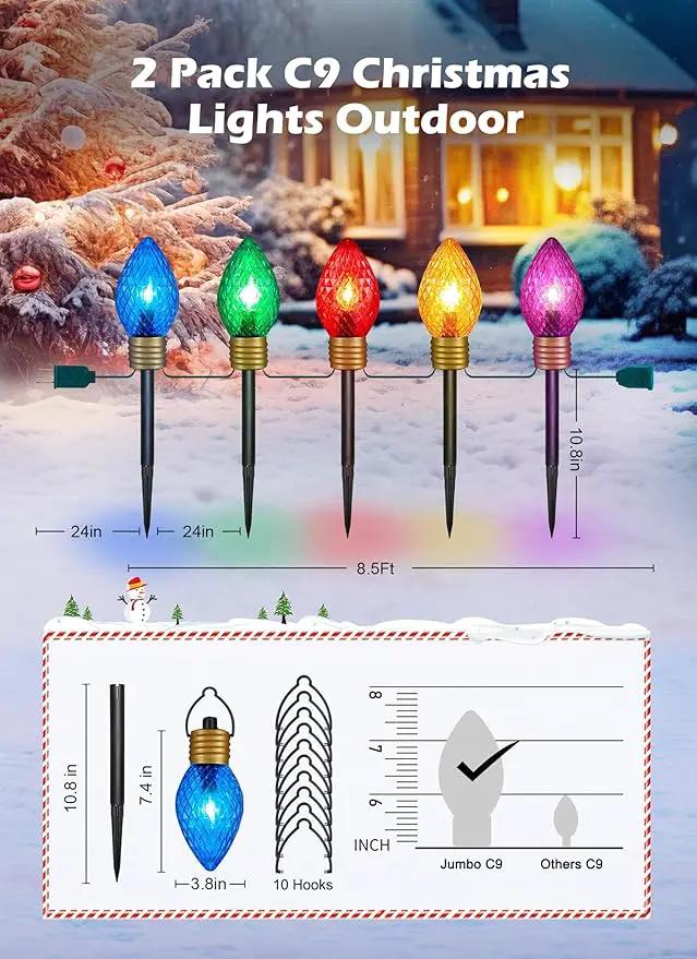 Strawberry Jumbo C9 Christmas Pathway Lights Outdoor - 2 Pack Total 17 Feet 10 LED C9 Christmas Lights, Jumbo Bulb Outdoor Decorations for Yard Lawn Holiday Outside by GreenHaven Gardens