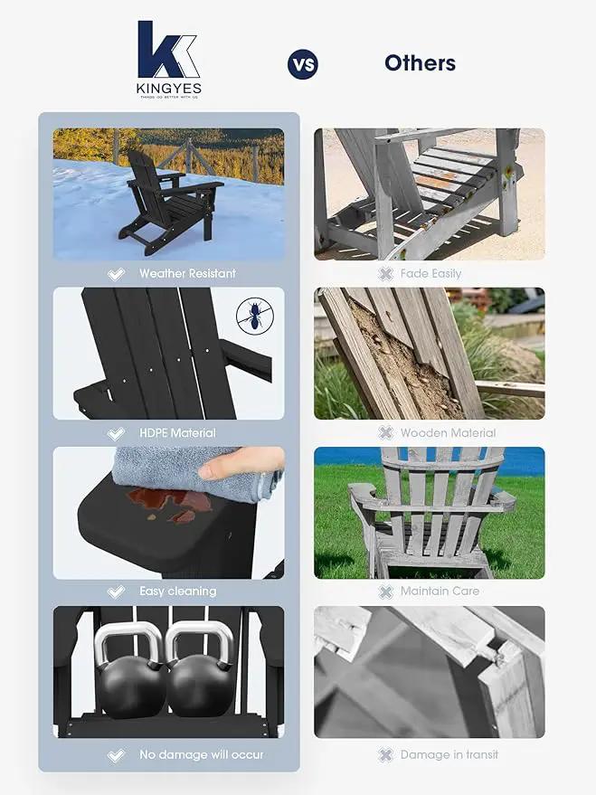 KINGYES Folding Adirondack Chair Set of 4, Dual Cup Holders & All-Weather HDPE, Wood-Like Patio Chair for Backyard, Camping, Pool & Fire Pit, Black by GreenHaven Gardens