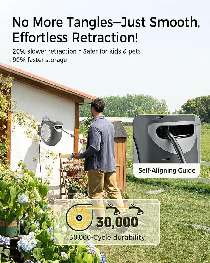 Retractable Garden Hose Reel 1/2 in x 100 ft Upgraded UV Resistant Heavy Duty Automatic Hose Reel Wall Mount 3/4 in Brass Fitting 9 Pattern Nozzle Any Length Lock Slow Retraction 180° Swivel by GreenHaven Gardens