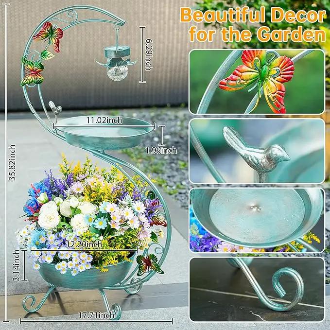 Bird Bath for Outside with Solar Lamp, 36" Birdbaths for Outdoors with Planter Flower Pot, Metal Bird Bath Bowl for Garden Yard Decor (All Blue Green) by GreenHaven Gardens