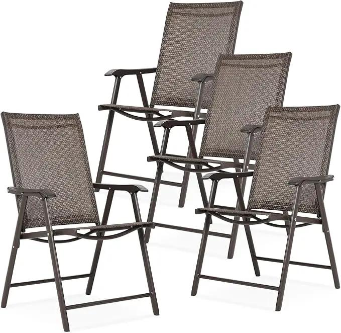 Aoodor Folding Patio Dining Chairs Textilene Fabric, Outdoor Steel Frame for All Weather Use, Fit for Porch, Lawn, Yard, Set of 4, Brown by GreenHaven Gardens