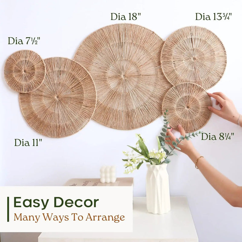 CHI AN HOME 18 Inch Boho Wall Decor – Set of 5 Woven Jute Wall Baskets, Boho Wall Art & Decorative Basket Set, Farmhouse Wall Hanging, Handwoven Wall Plates for Living Room, Bedroom – 18", 14", 11", 8", 7" by GreenHaven Gardens