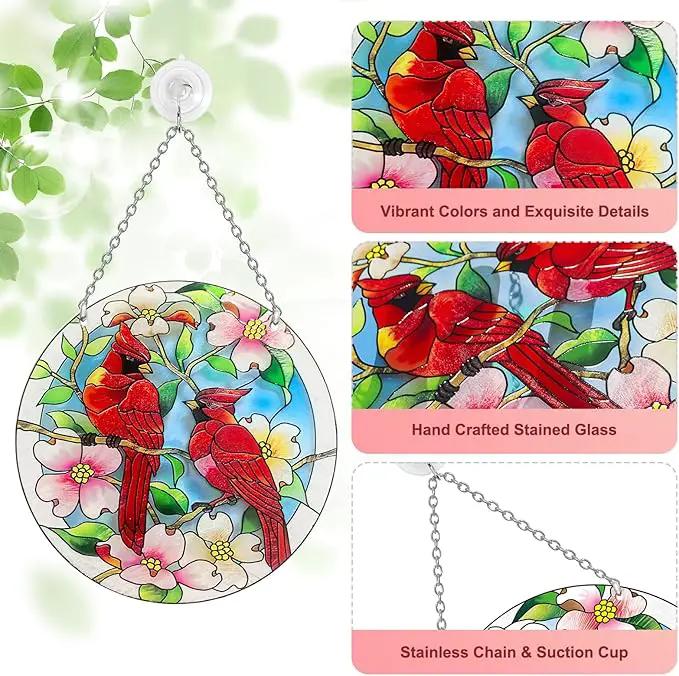 Cardinal Suncatcher Stained Glass, Cardinal Gifts for Women, Stained Glass Window Hanging - Red Birds Suncatchers for Windows, American Glass Hanging, Hand Painted Glass for Birds Lover (6inch) by GreenHaven Gardens