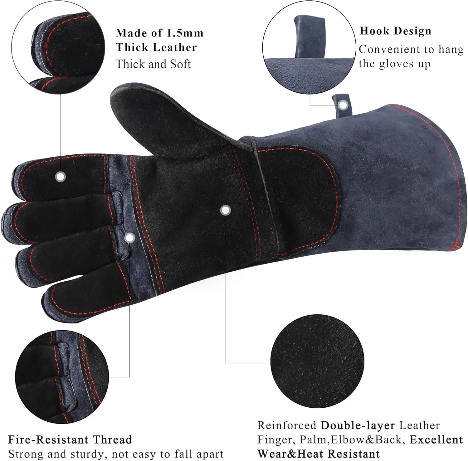 Fireplace Gloves Fire Heat Resistant: Dark-Grey 16IN 932℉ - Fireproof Leather for Fireplace Fire Pit Wood Stove Campfire Furnace BBQ Grill Oven Stick Mig Welding Welder Gear - Birthday Gift XL by GreenHaven Gardens