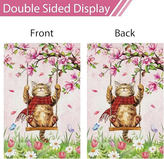 Heyfibro Spring Cute Cat Welcome Garden Flag 28x40 Inch Double Sided Burlap, Summer Magnolia Butterfly Flower Floral Yard Banner for Seasonal Holiday Farmhouse Outdoor Decor(ONLY FLAG) by GreenHaven Gardens