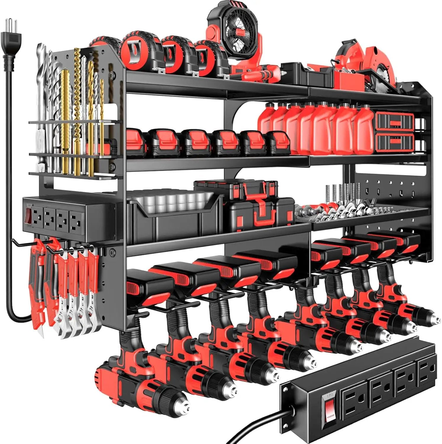 Large Power Tool Organizer Wall Mount with Charging Station, 4 Layer Heavy Duty Metal Cordless Tool Organizer, Tool Storage Rack with 8 Cordless Drill Holder Screwdriver Hammer(Black) by GreenHaven Gardens