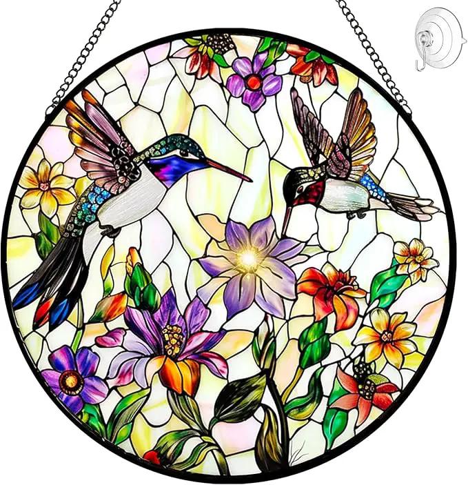 Hummingbird Suncatcher Stained Glass Window Hanging - Bird and Flowers Suncatchers for Windows - Sun Catchers Indoor Window Wall Art Home Decor Panel - Hummingbird Gifts for Women Men Mom Bird Lovers by GreenHaven Gardens