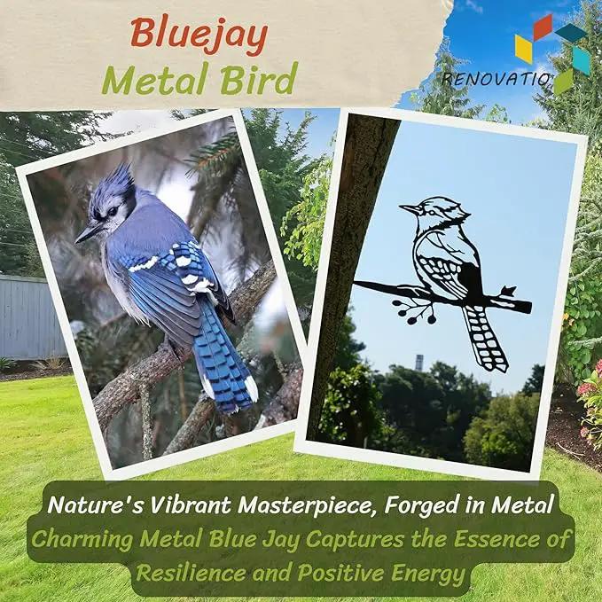 Renovatio Metal Bird Decor – Rustic Bluejay Decoration, Metal Garden Sculpture, Outdoor Tree Ornaments – A Unique Outdoor Yard Decor – Bluejay (Black) by GreenHaven Gardens